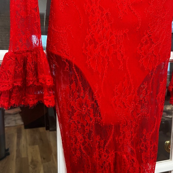 Red Lace Evening Gown W Bodycon Bodysuit Deep V- Front Slit Trumpet Sexy Dress - Picture 9 of 15